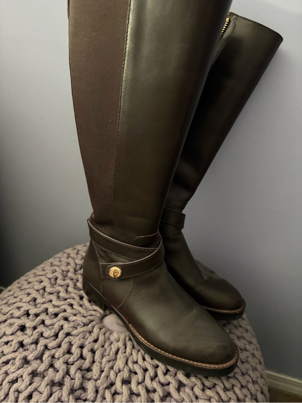 Coach Dark Brown Leather Knee-High Riding Boots with Gold Button